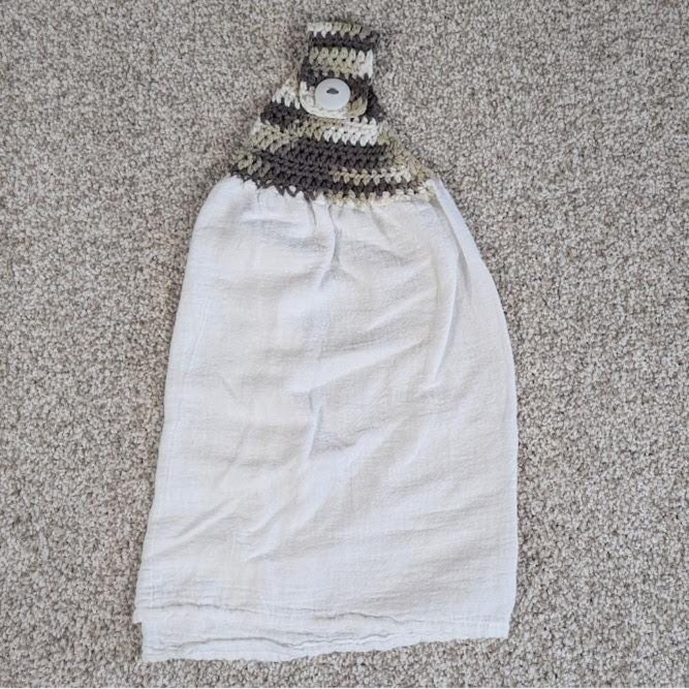 Crocheted Hanging Kitchen‎ Towel with Button Closure - Brown and White